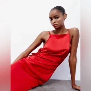Nwt ZARA Red Satin Effect Side Tie Maxi Cocktail Dress Women's Size Small
